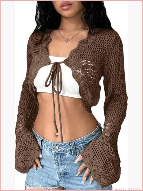 Sweaters - Crochet Tie Front Bell Sleeve Sweater Cardigan